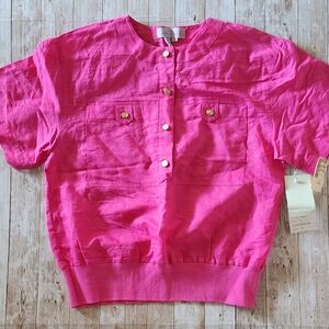 Vintage Laura & Jayne Bright Pink Banded Bottom Blouse Size 6 Double Pocket